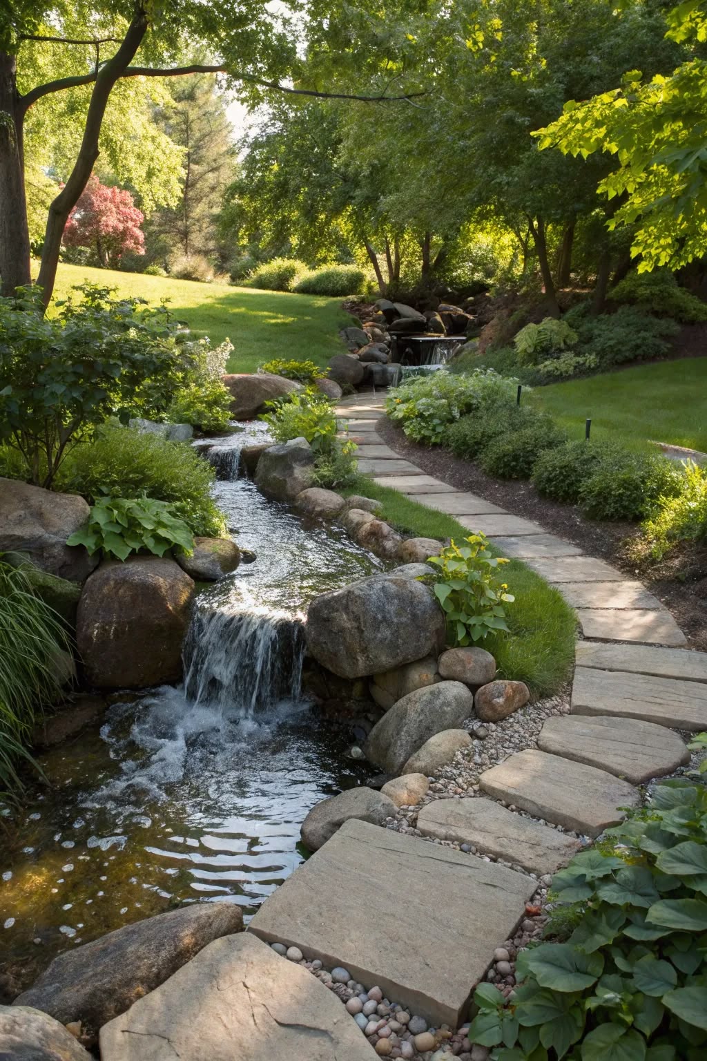 Stone pathway with small waterfall through planted garden