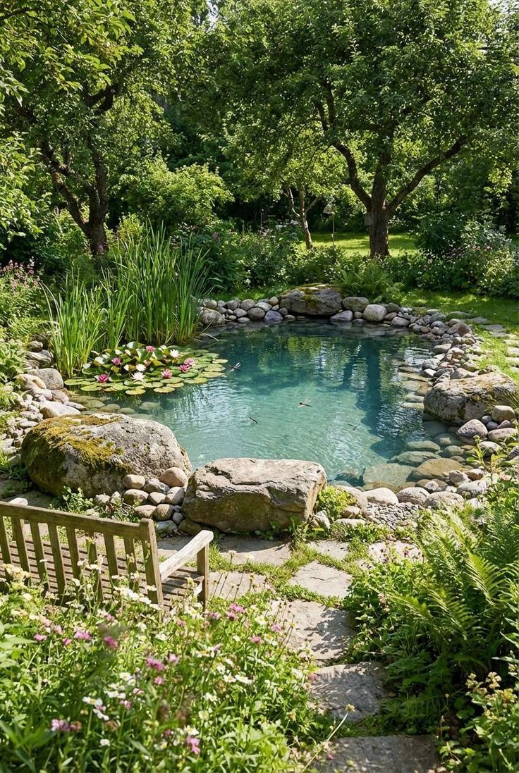 Quiet park bench beside a lily pond, framed by trees